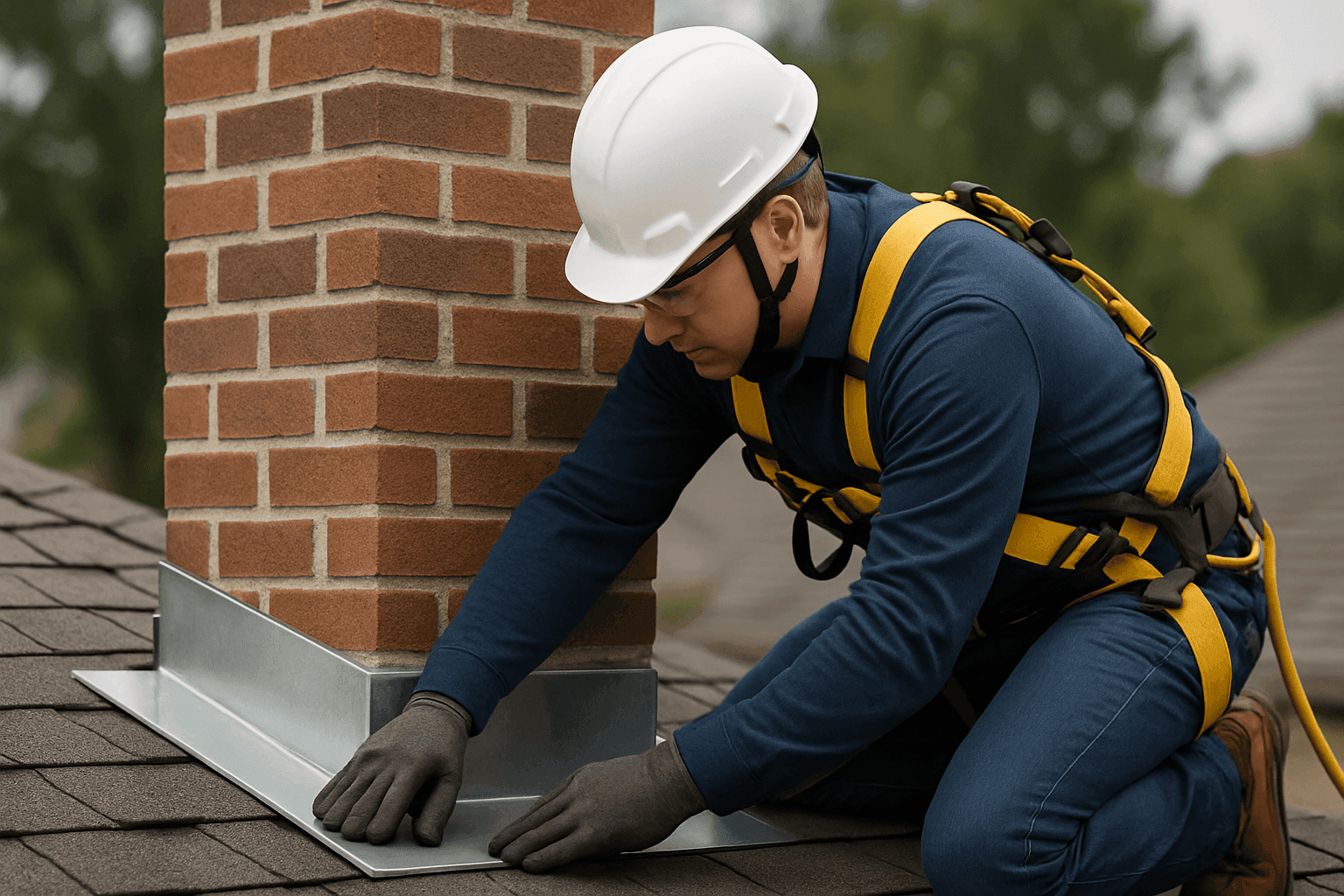 Roofer repairing flashing around a brick chimney