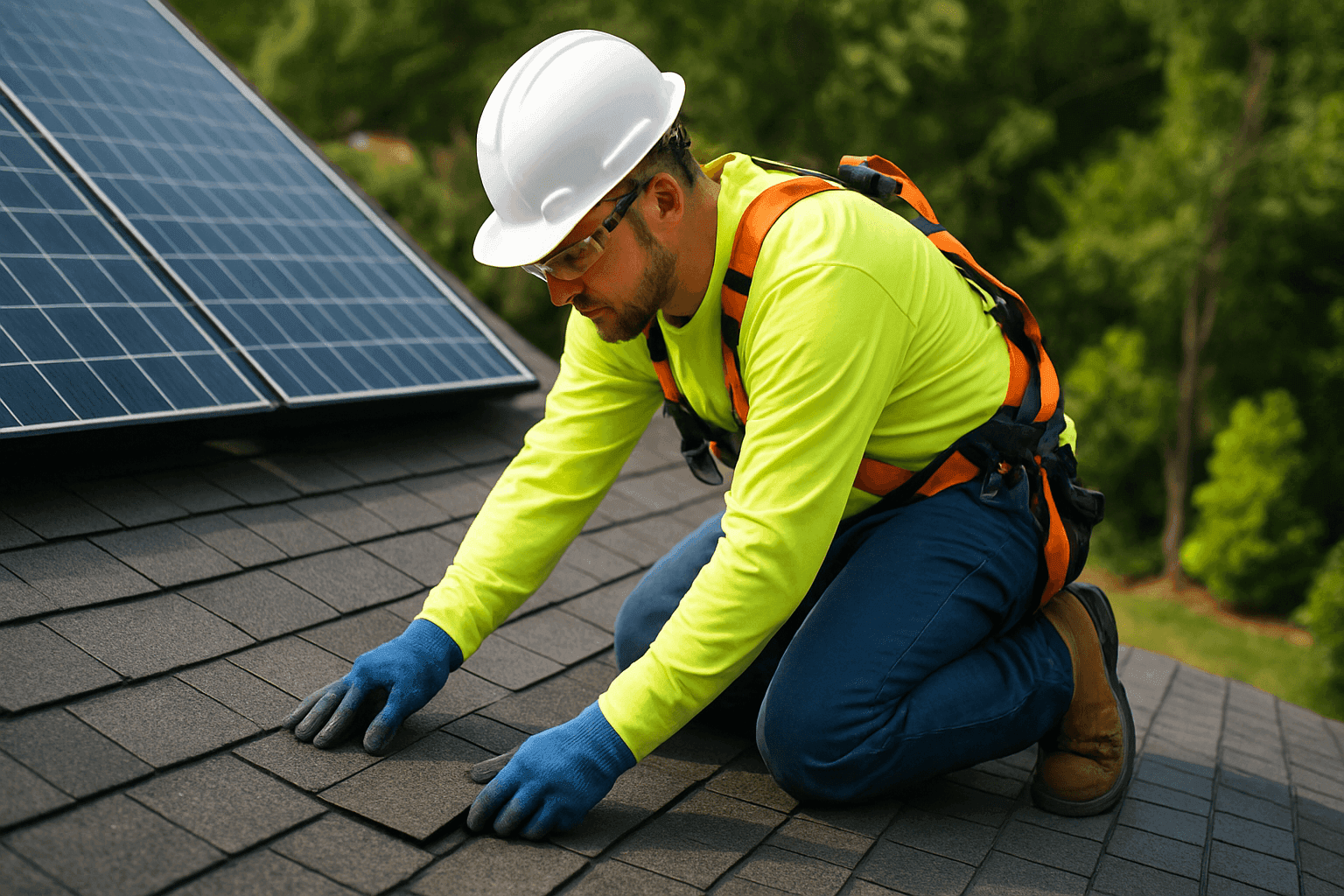 Technician installing eco-friendly roofing materials on a home