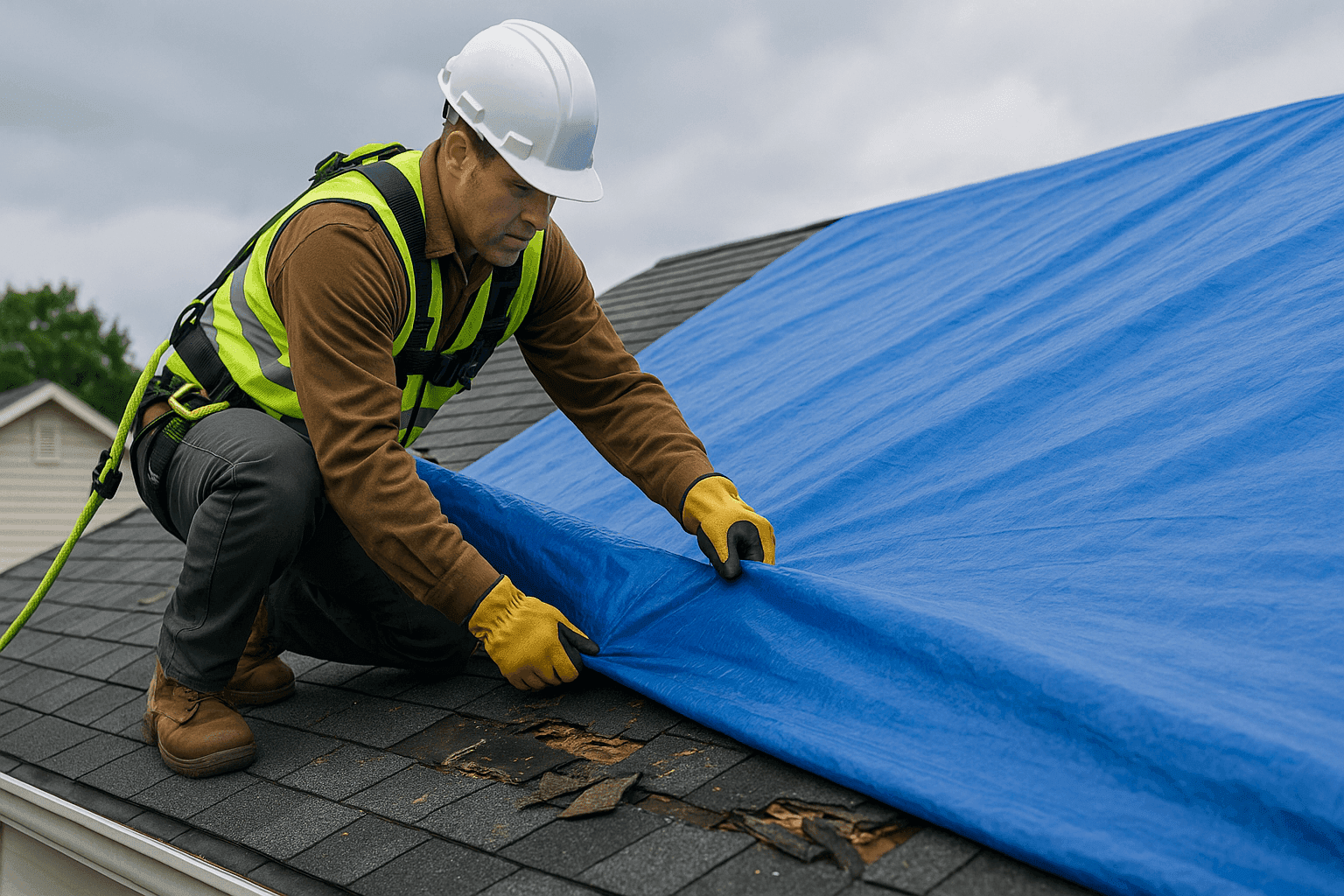 Roofing technician using tarp to cover storm-damaged roof
