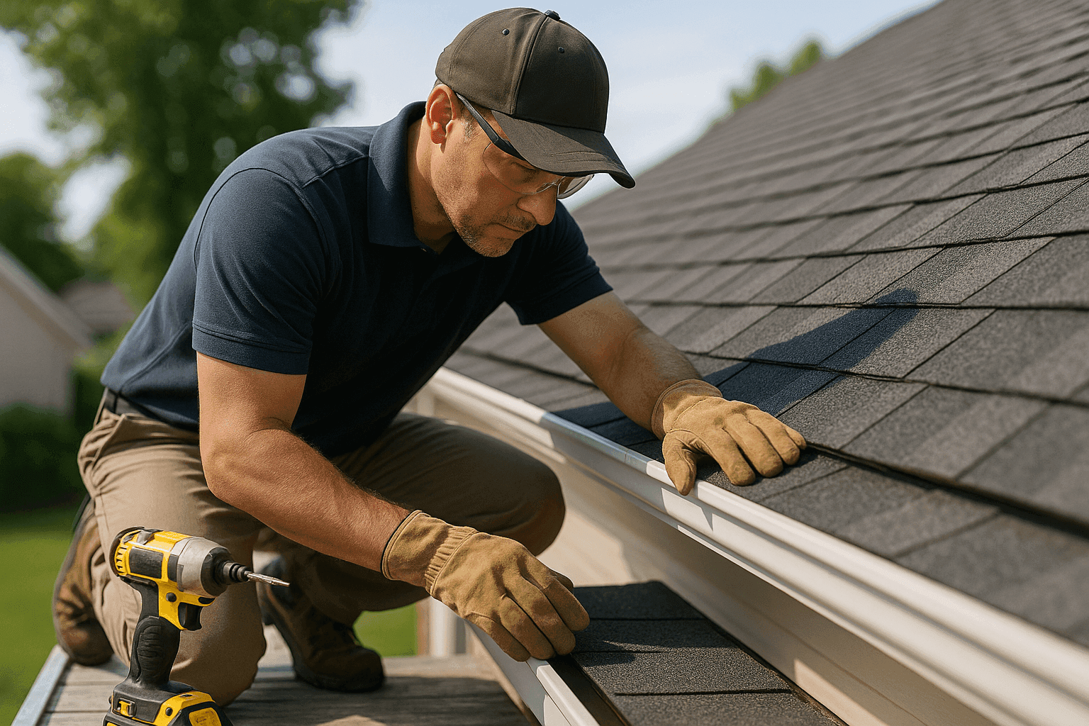 Roofing technician performing preventative maintenance inspection on residential shingle roof