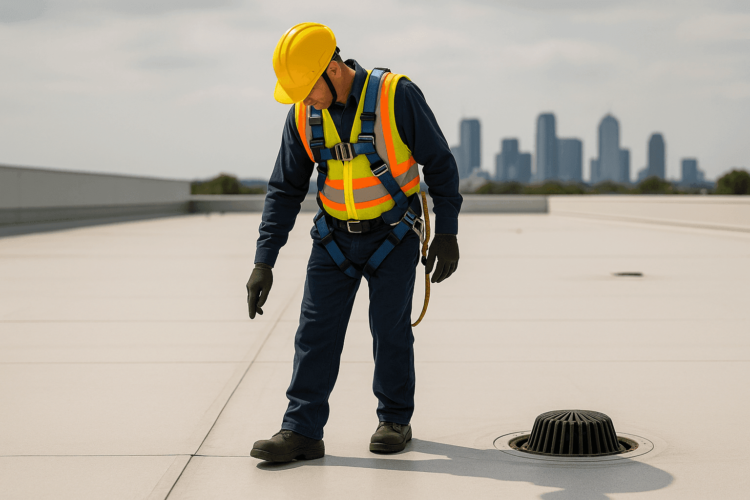Technician inspecting a commercial flat roof for maintenance