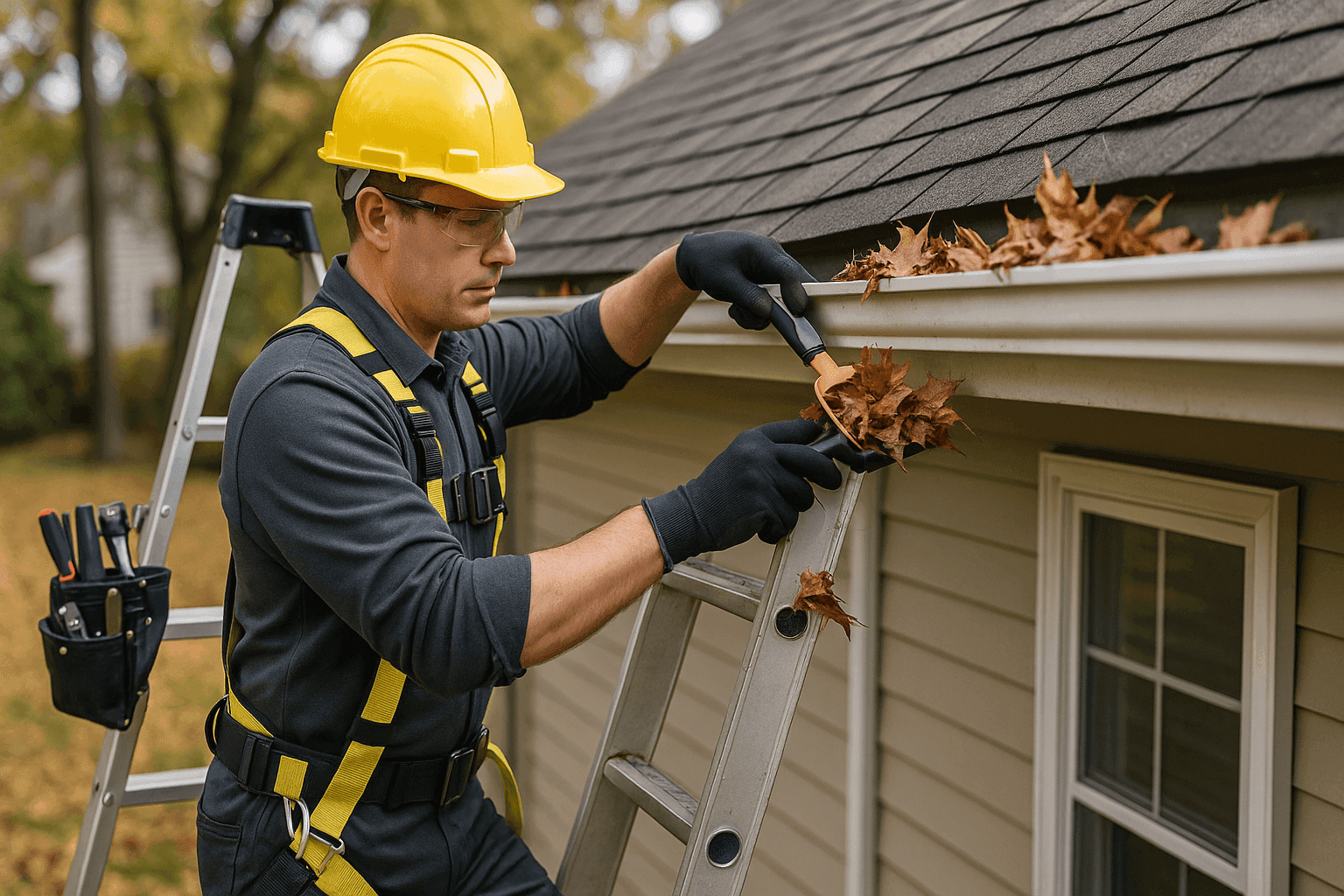 Technician cleaning and repairing a home's gutter system