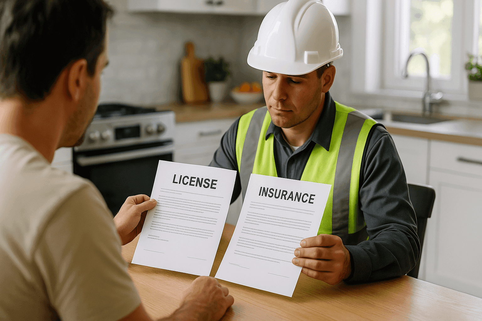 Homeowner reviewing credentials with roofing contractor