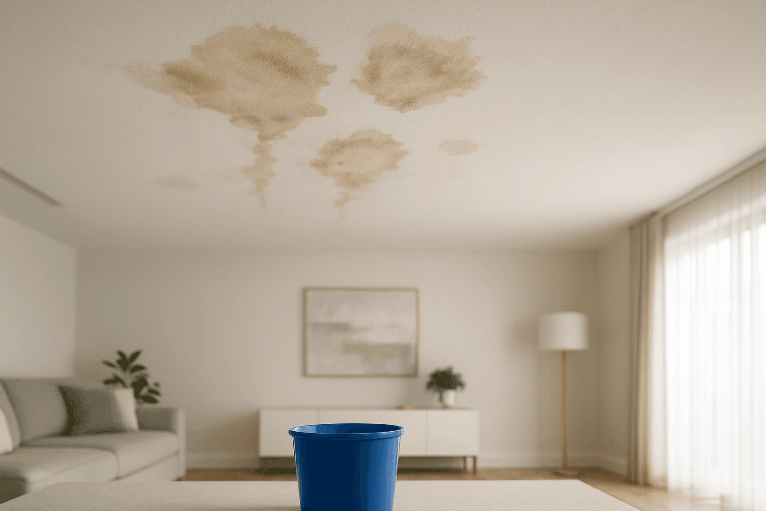 Closeup of water stains on ceiling beneath a leaking roof
