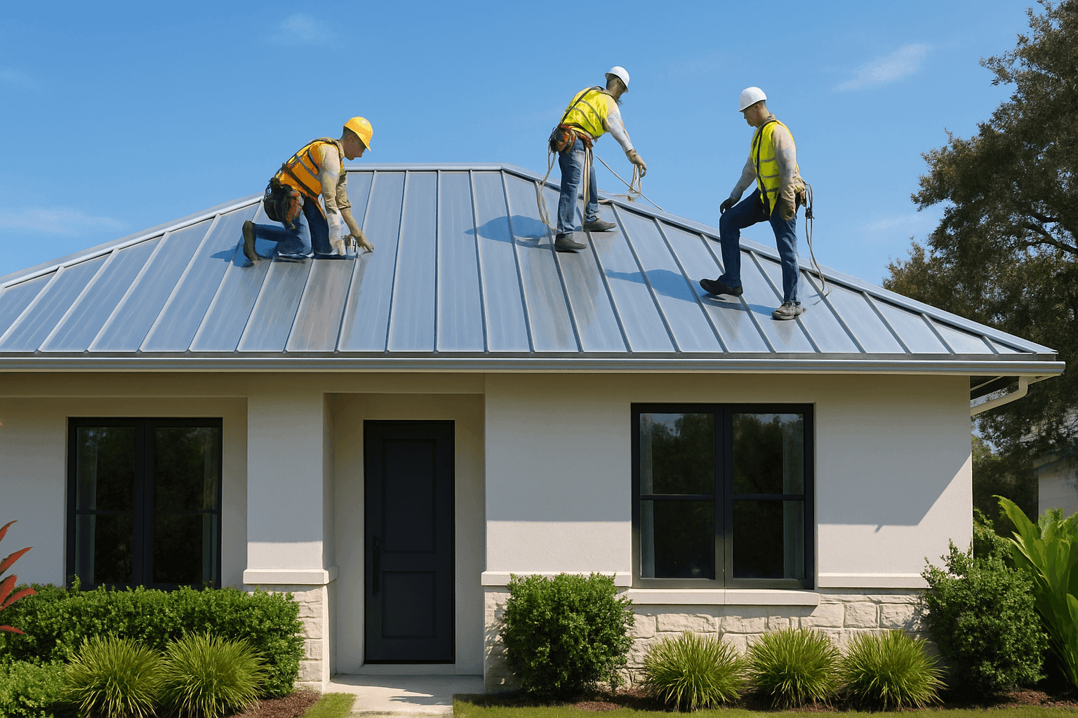Shiny new metal roof installation on a modern home