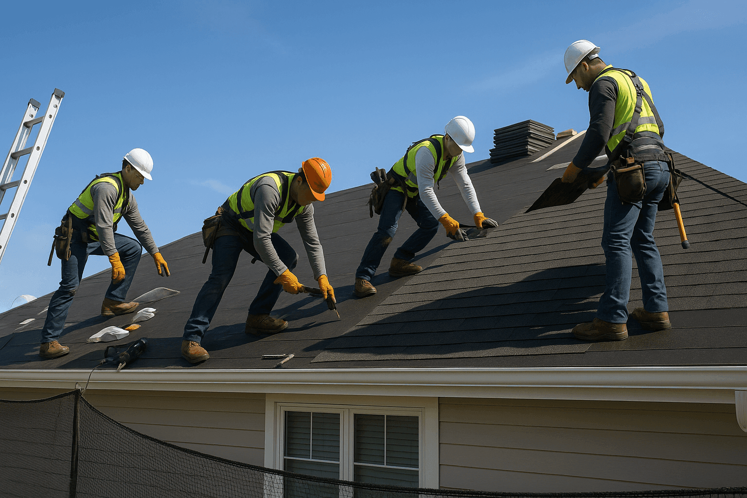 Roofing team installing new shingles on a home