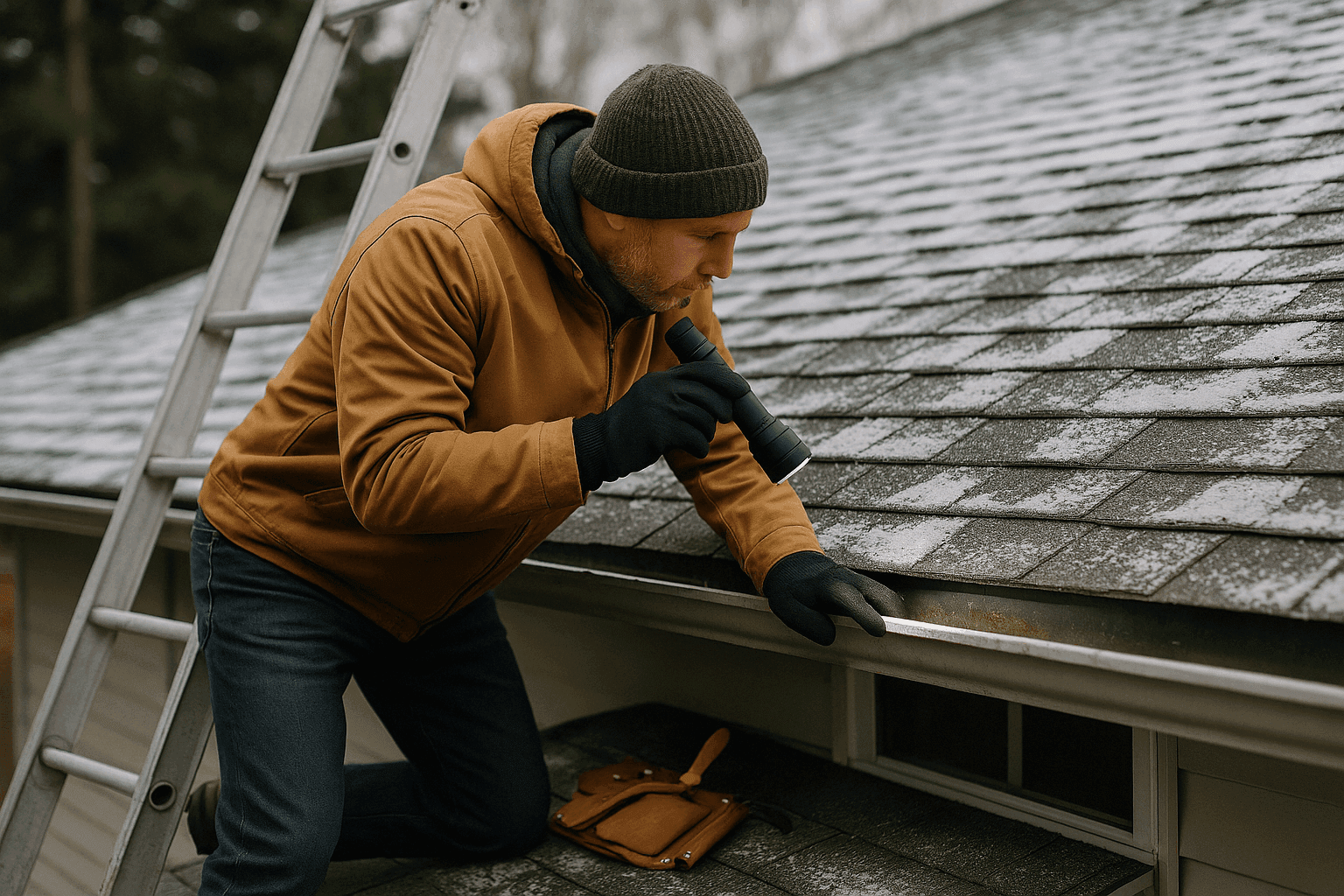 Homeowner inspecting roof with early snow for winter preparation