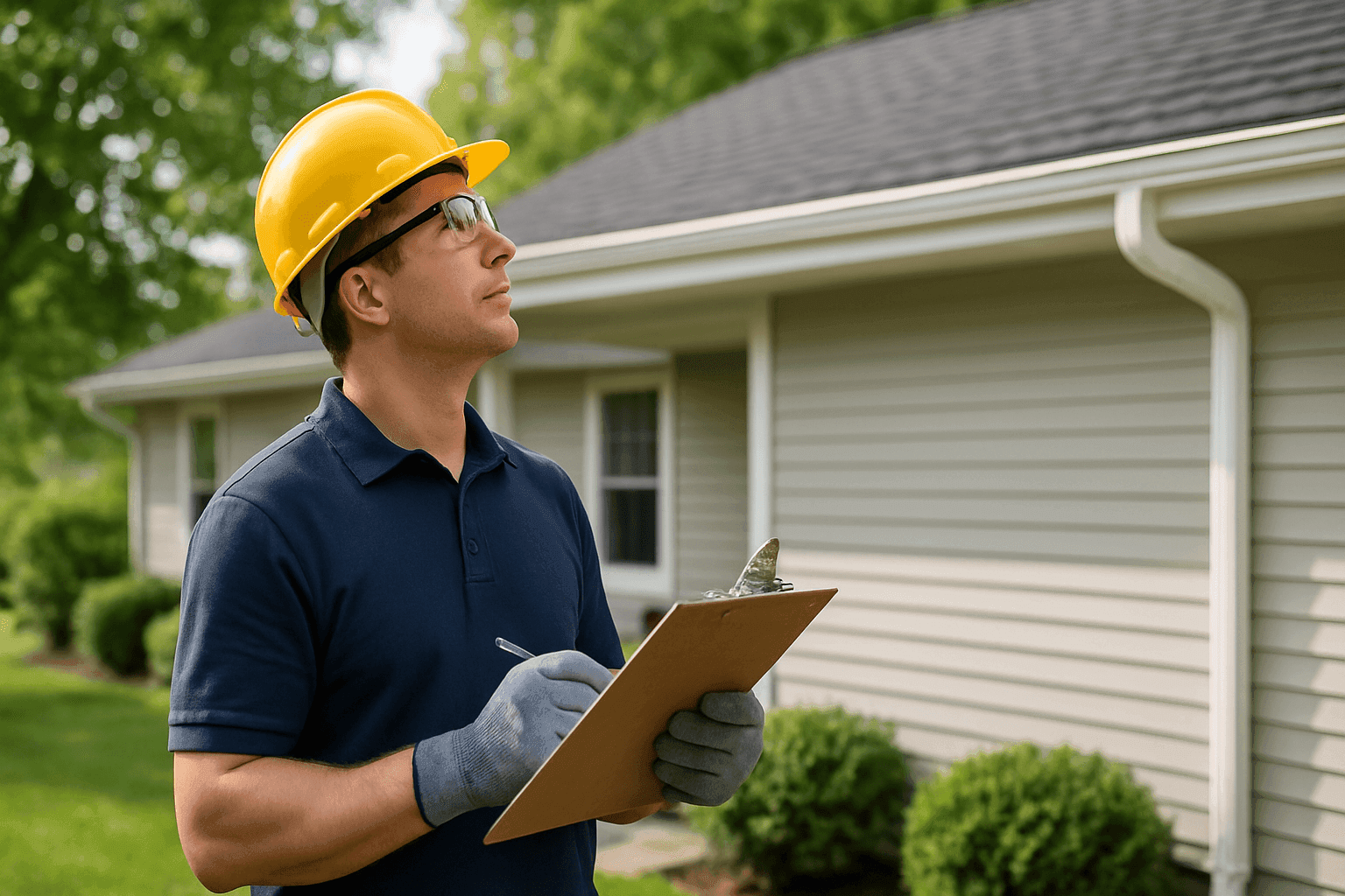 Homeowner checking roof and gutters as part of annual maintenance