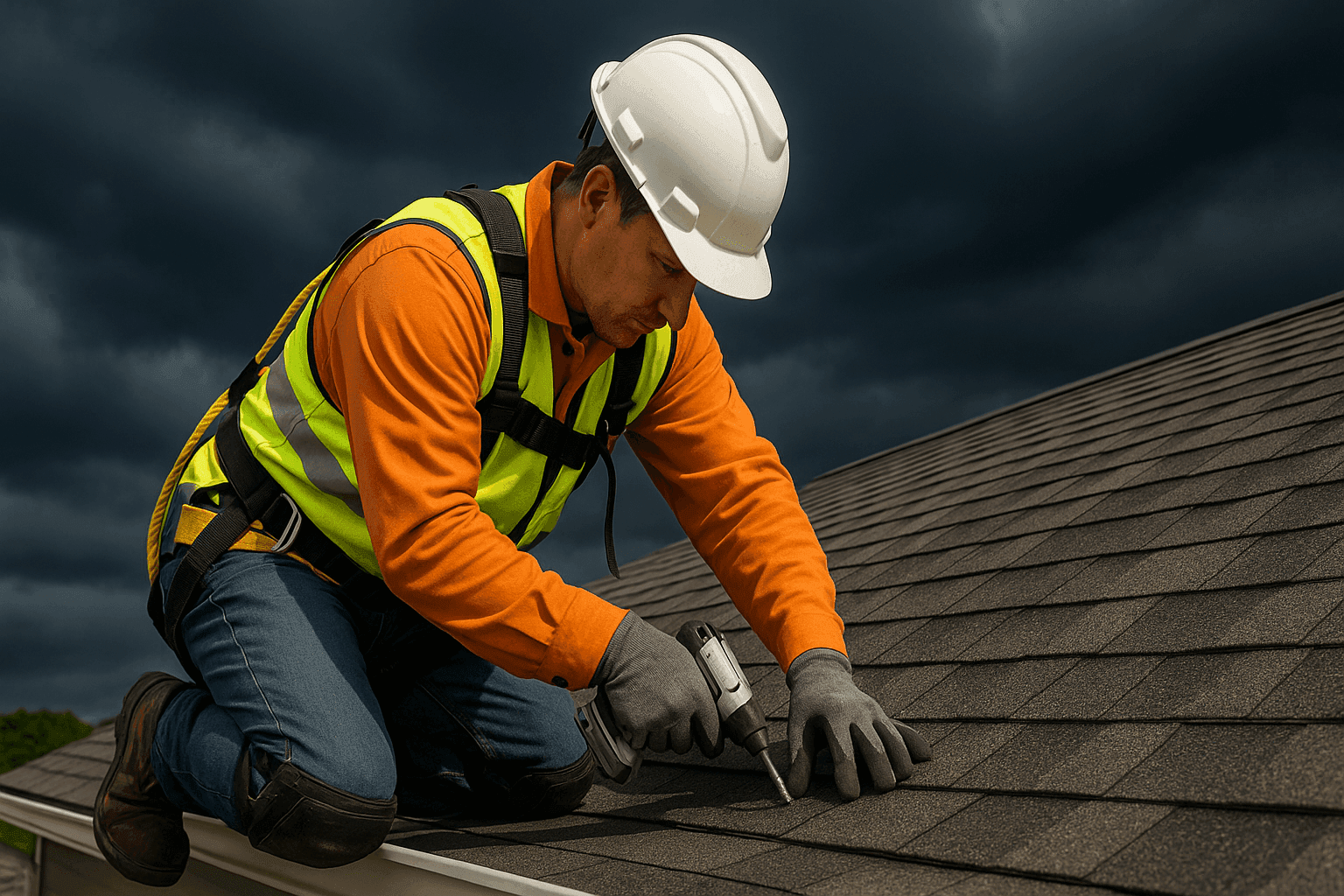 Technician reinforcing roof before a storm with secure fasteners