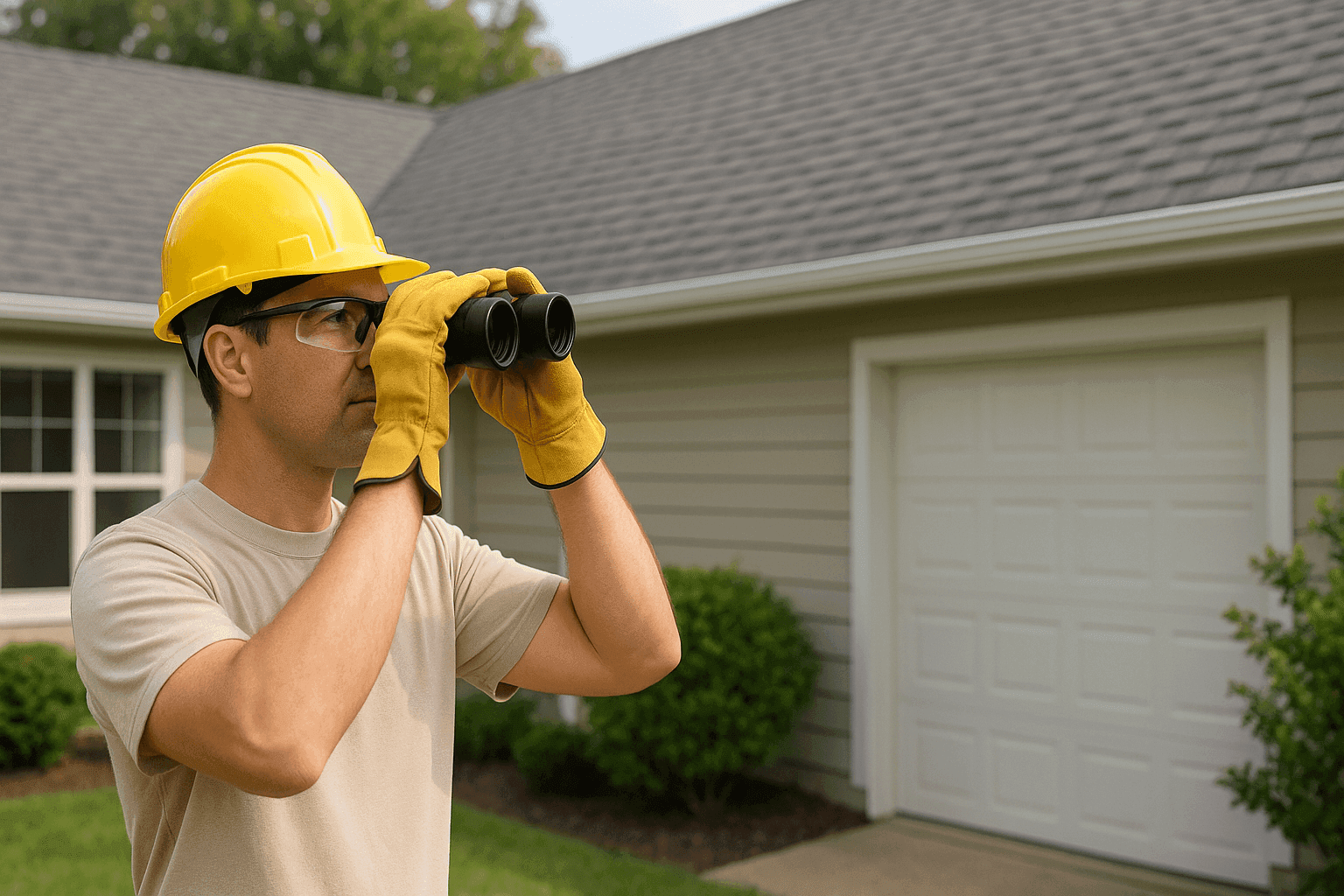 Homeowner safely inspecting roof shingles with binoculars