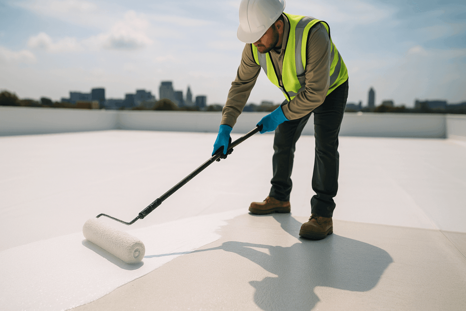 Technician applying sealant to a flat commercial roof