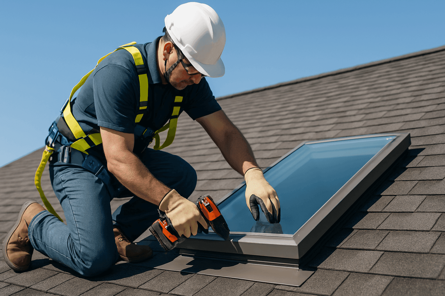 Technician installing a skylight on a residential roof