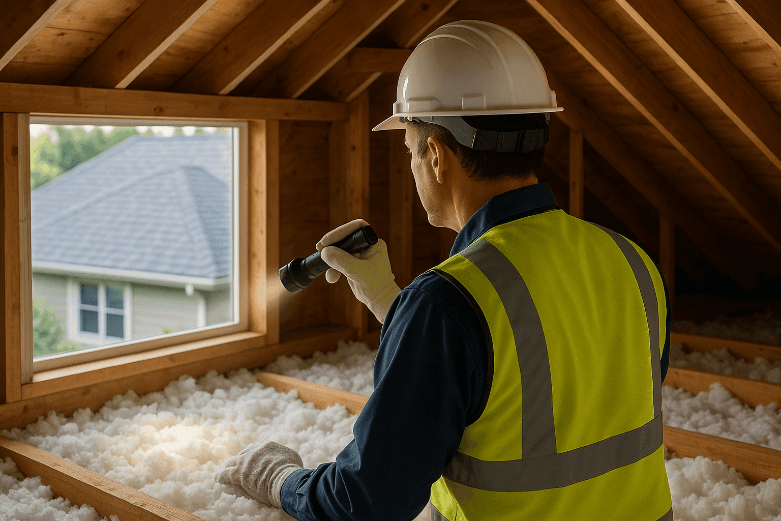 Roof inspector checking attic and roof exterior